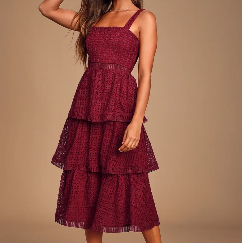 Lulu's Burgundy Tiered/Ruffle Lace/Crochet Midi Dress